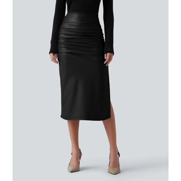 Halara Dresses & Skirts - HALARA High Rise Tummy Cntl Ruched  2-in-1 Fleece PU Midi Skirt XL NEW B76